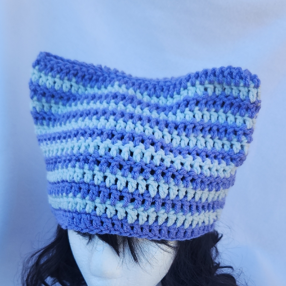 Striped Handmade Crochet Cat Ear Beanie Cat Hat in Periwinkle & Ice Blue Unisex